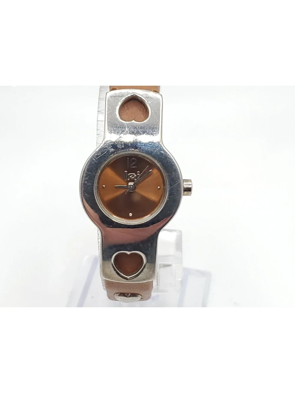 Lei Heart Band Quartz Womens Watch New Battery Silver Tone/Brown 20mm
